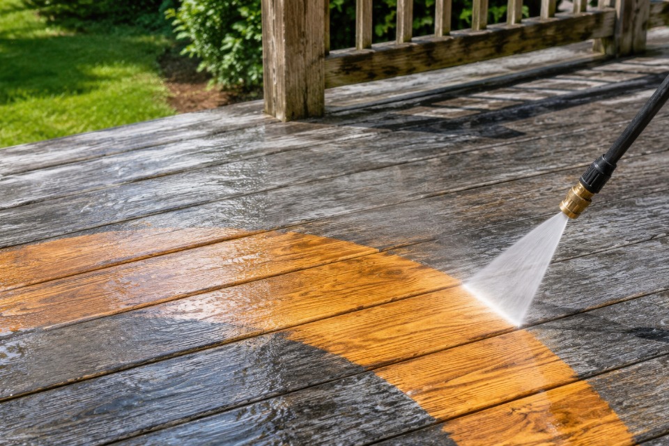 Pressure washing a timber deck at a Fife property