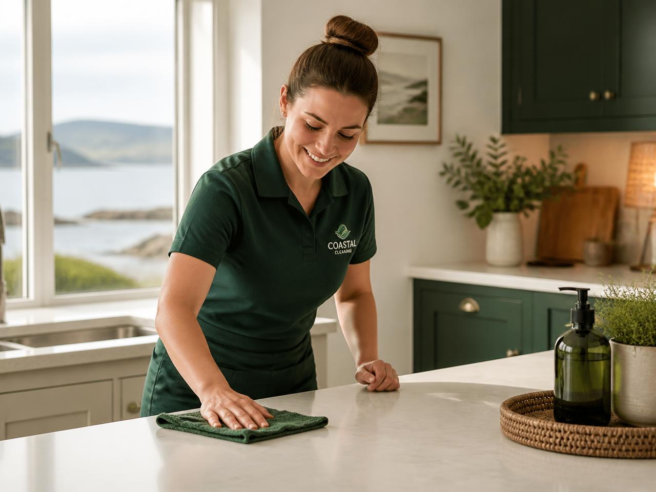 TidyCleaner cleaner wiping down a kitchen worktop in a Fife coastal property